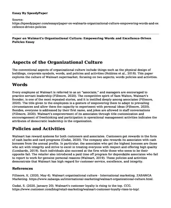 Paper on Walmart's Organizational Culture: Empowering Words and Excellence-Driven Policies