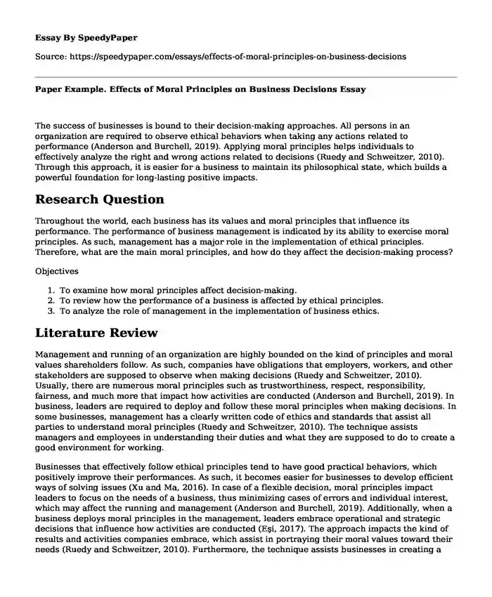 Paper Example. Effects of Moral Principles on Business Decisions