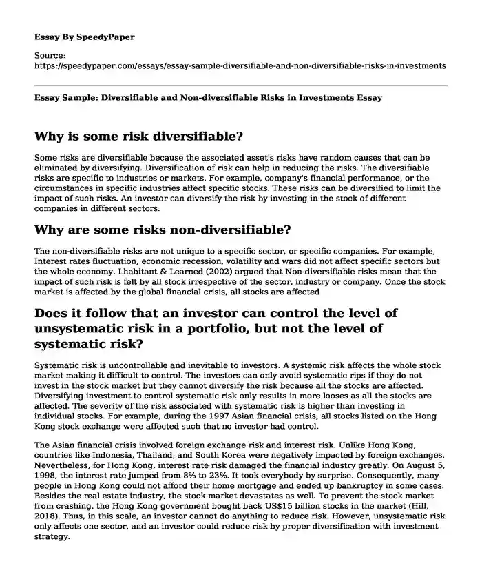 Essay Sample: Diversifiable and Non-diversifiable Risks in Investments
