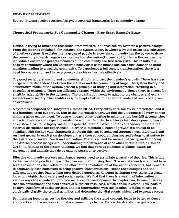 Theoretical Frameworks For Community Change - Free Essay Example