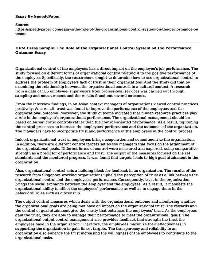 HRM Essay Sample: The Role of the Organizational Control System on the Performance Outcome