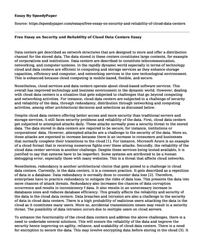 Free Essay on Security and Reliability of Cloud Data Centers