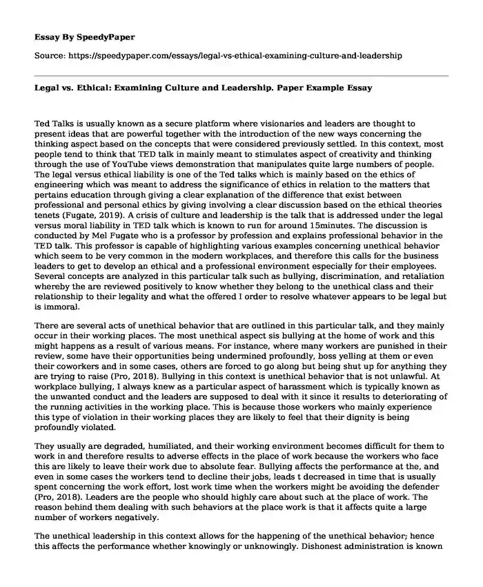 Legal vs. Ethical: Examining Culture and Leadership. Paper Example