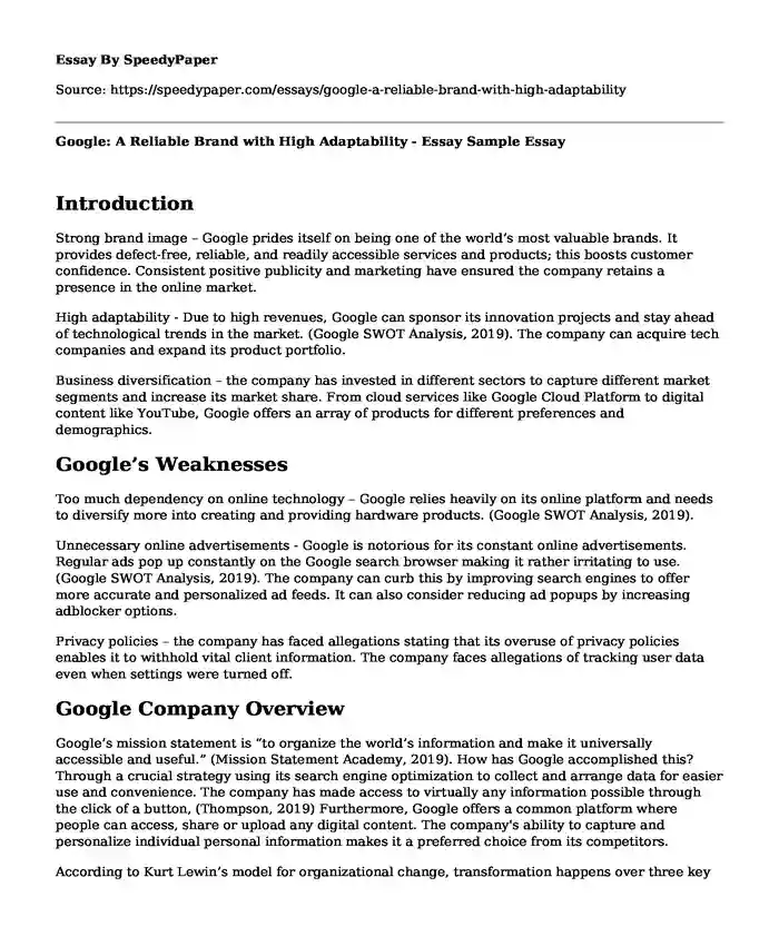 Google: A Reliable Brand with High Adaptability - Essay Sample