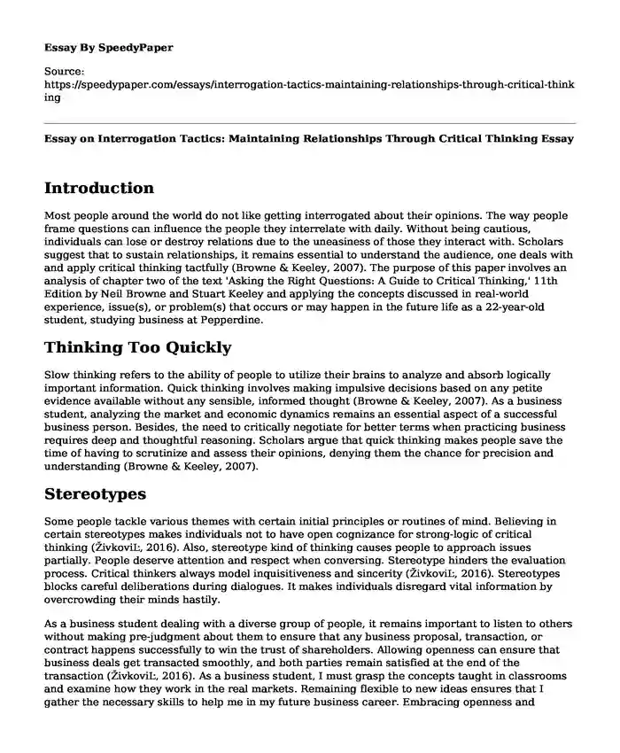 Essay on Interrogation Tactics: Maintaining Relationships Through Critical Thinking