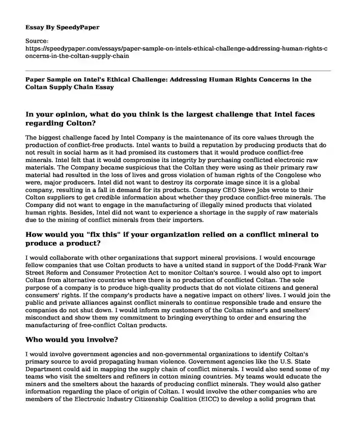 Paper Sample on Intel's Ethical Challenge: Addressing Human Rights Concerns in the Coltan Supply Chain