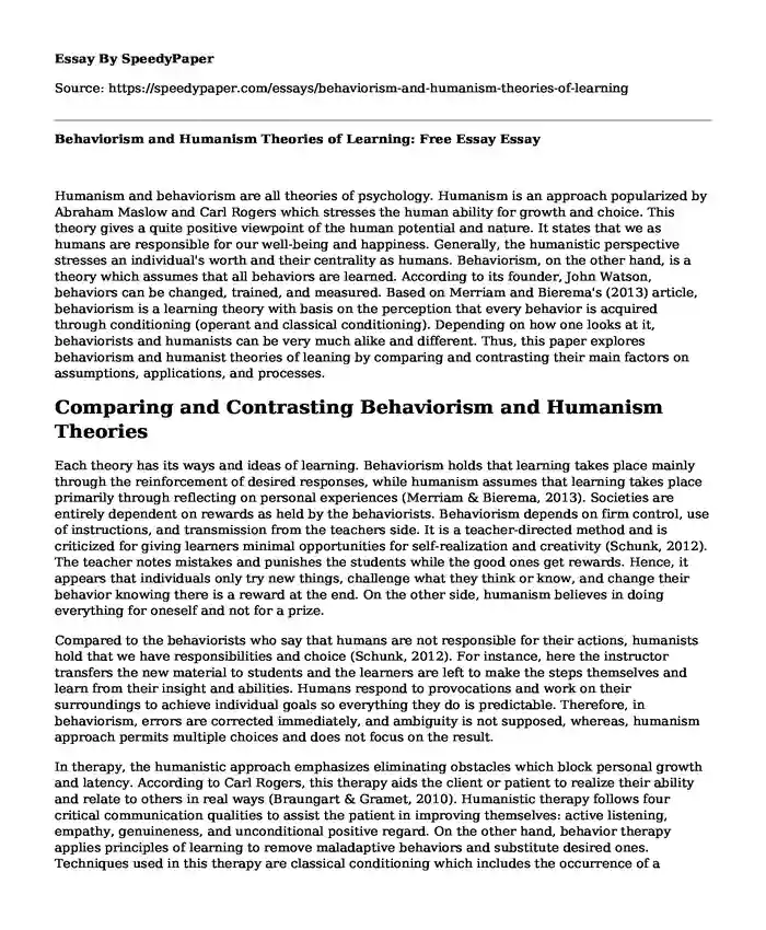 Behaviorism and Humanism Theories of Learning: Free Essay