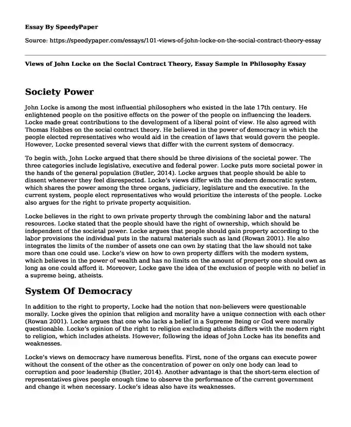 Views of John Locke on the Social Contract Theory, Essay Sample in Philosophy