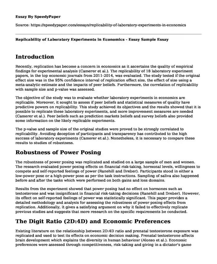 Replicability of Laboratory Experiments in Economics - Essay Sample