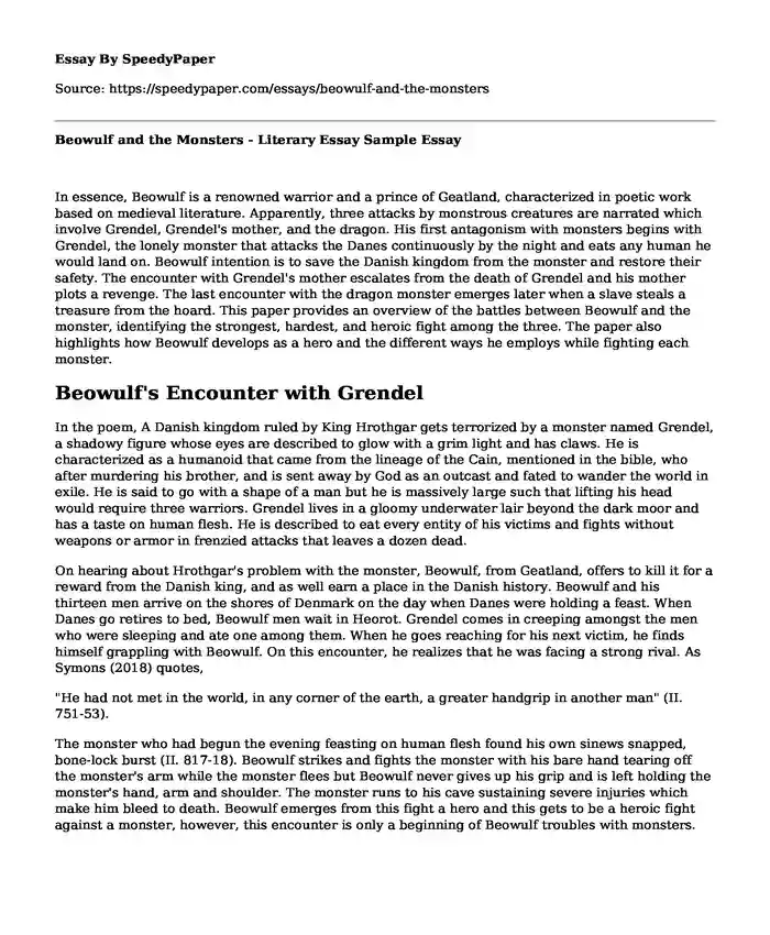 Beowulf and the Monsters - Literary Essay Sample