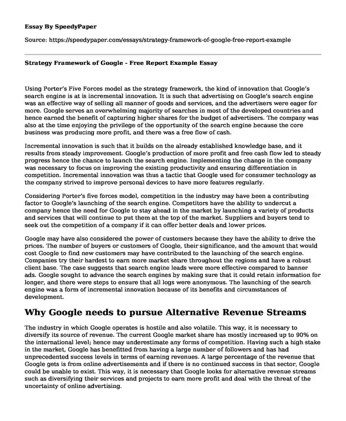 Strategy Framework of Google - Free Report Example