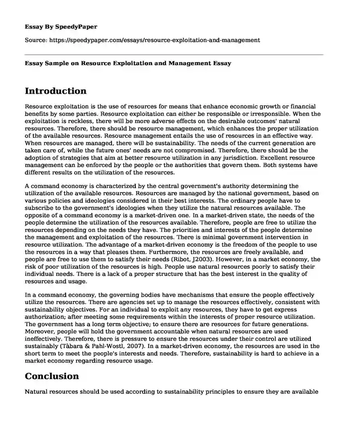 Essay Sample on Resource Exploitation and Management