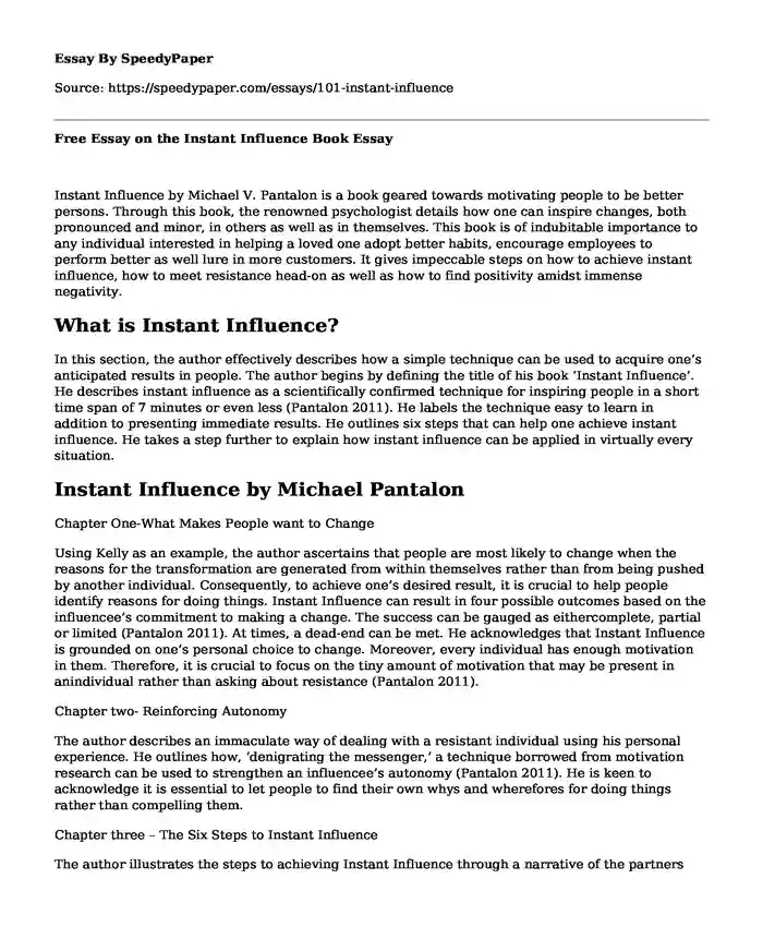 Free Essay on the Instant Influence Book