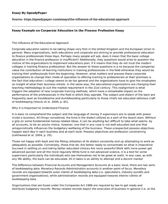 Essay Example on Corporate Education in the Finance Profession