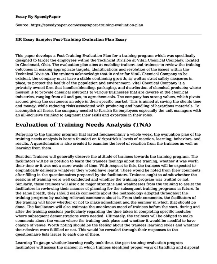 HR Essay Sample: Post-Training Evaluation Plan