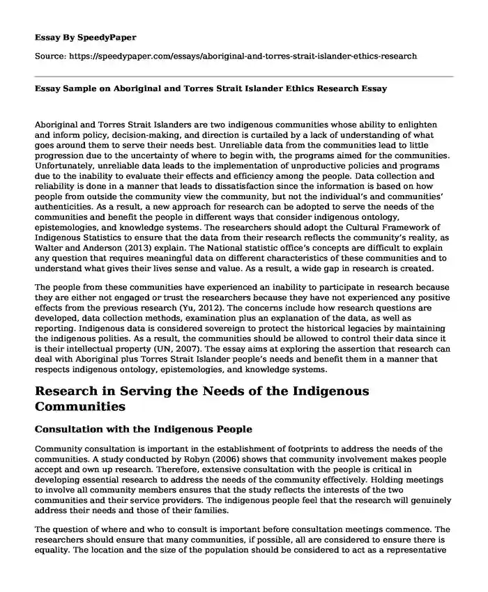 Essay Sample on Aboriginal and Torres Strait Islander Ethics Research