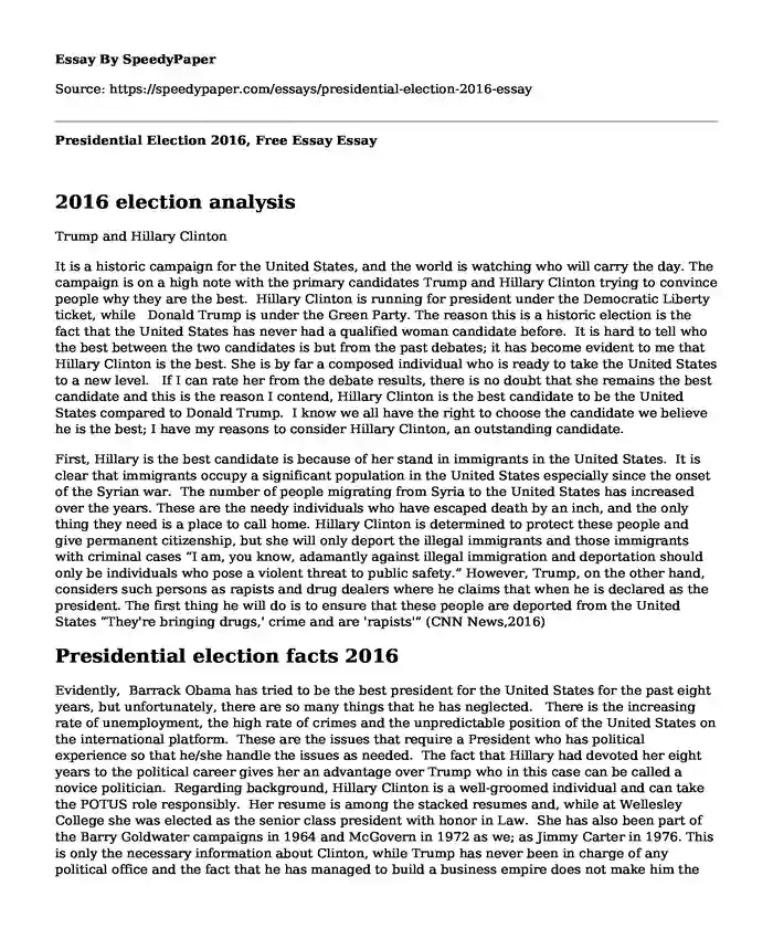 Presidential Election 2016, Free Essay
