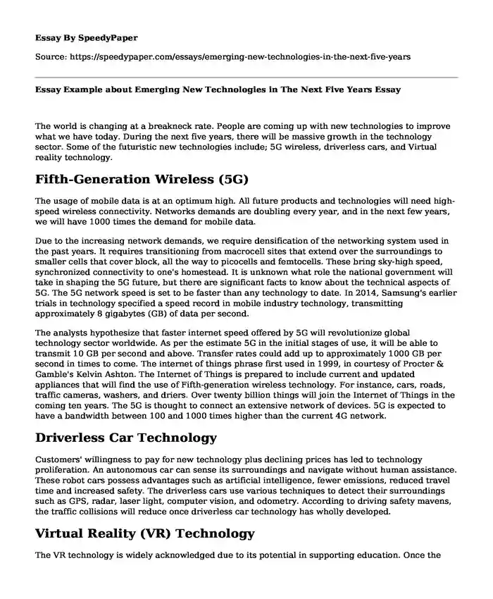 Essay Example about Emerging New Technologies in The Next Five Years