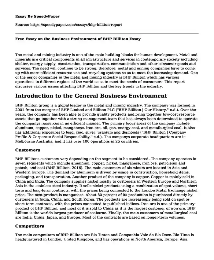 Free Essay on the Business Environment of BHP Billiton
