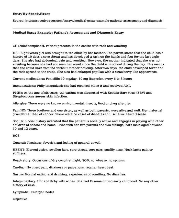 📚 Medical Essay Example: Patient's Assessment and Diagnosis ...