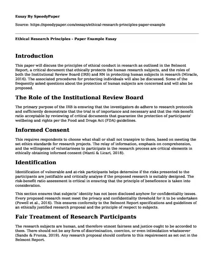 Ethical Research Principles - Paper Example