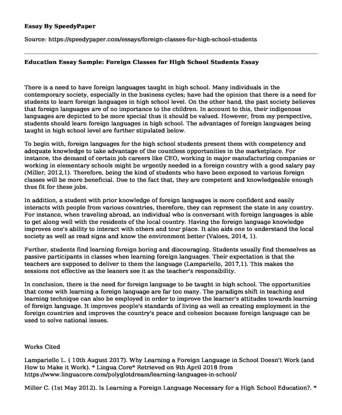 Education Essay Sample: Foreign Classes for High School Students