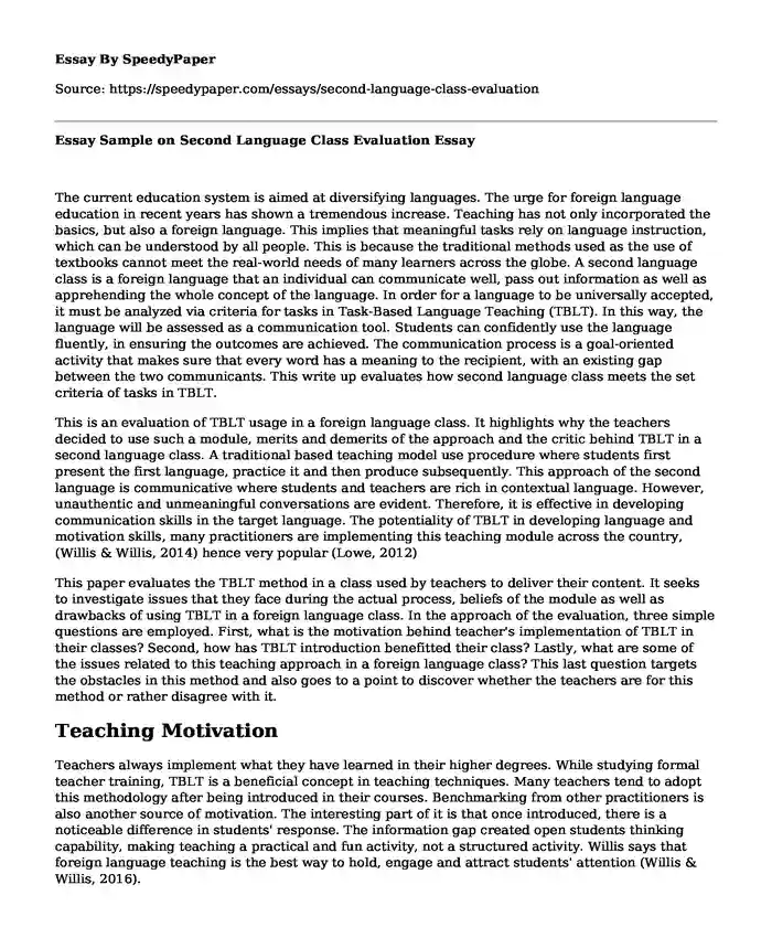 Essay Sample on Second Language Class Evaluation