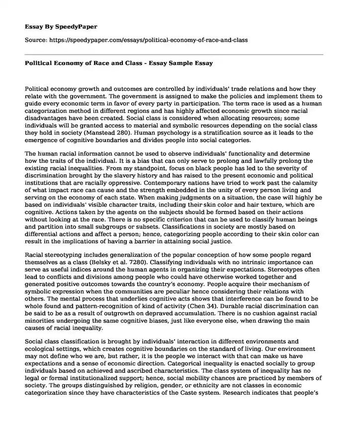 Political Economy of Race and Class - Essay Sample
