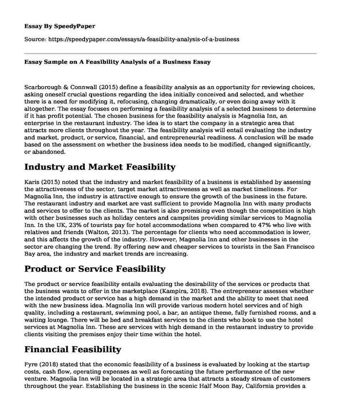 Essay Sample on A Feasibility Analysis of a Business