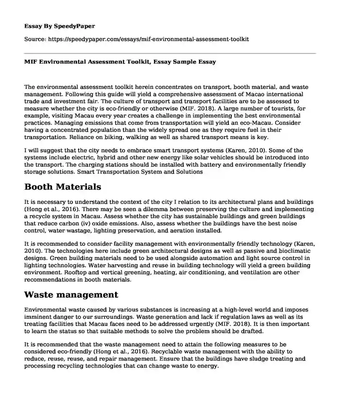 MIF Environmental Assessment Toolkit, Essay Sample