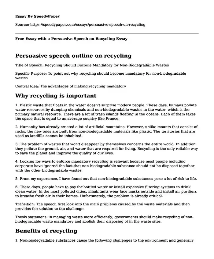 persuasive speech outline on recycling essays