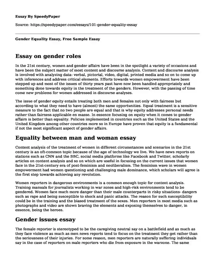 Gender Equality Essay, Free Sample