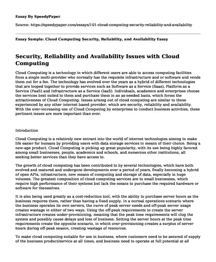 Essay Sample: Cloud Computing Security, Reliability, and Availability
