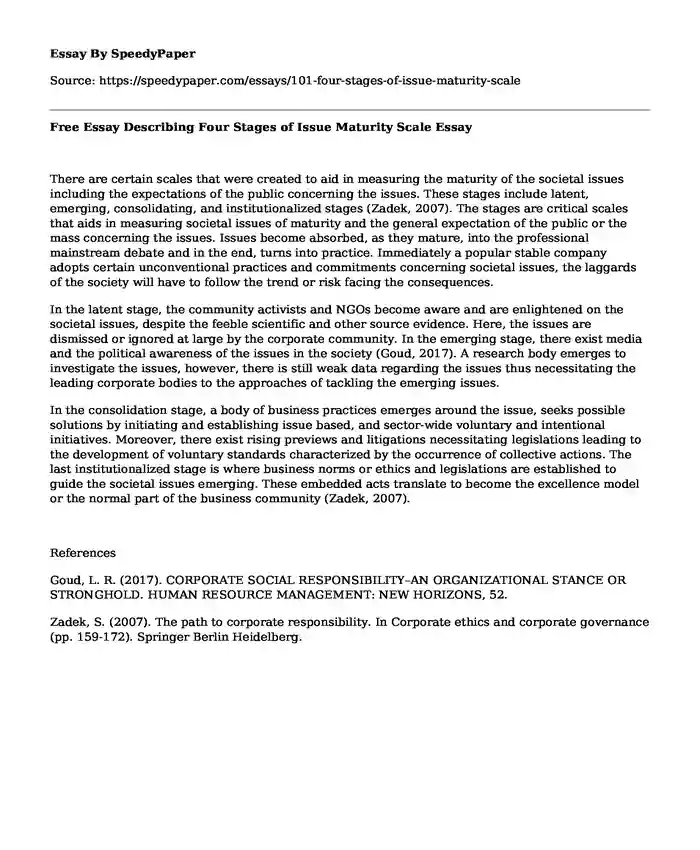 Free Essay Describing Four Stages of Issue Maturity Scale