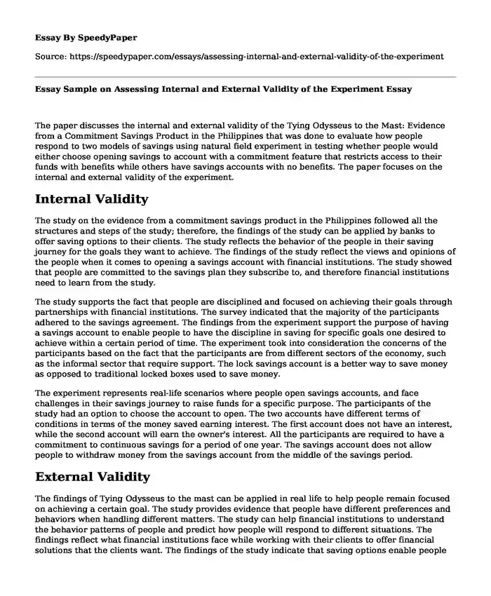 Essay Sample on Assessing Internal and External Validity of the Experiment