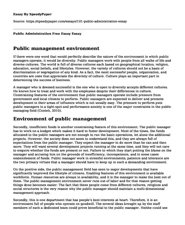 Public Administration Free Essay