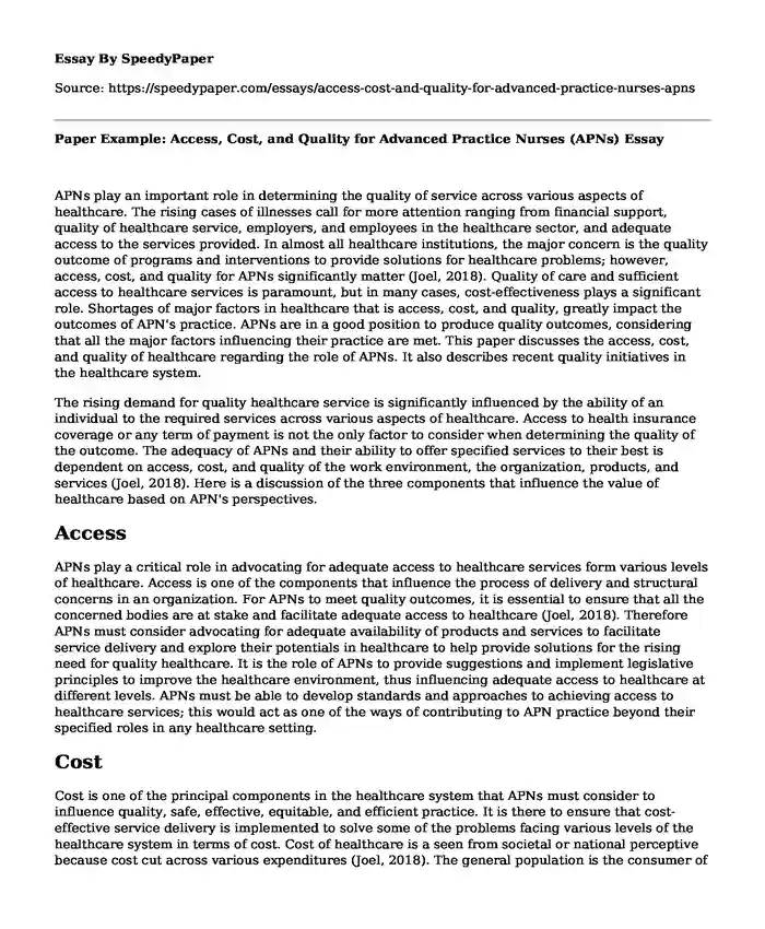 Paper Example: Access, Cost, and Quality for Advanced Practice Nurses (APNs)