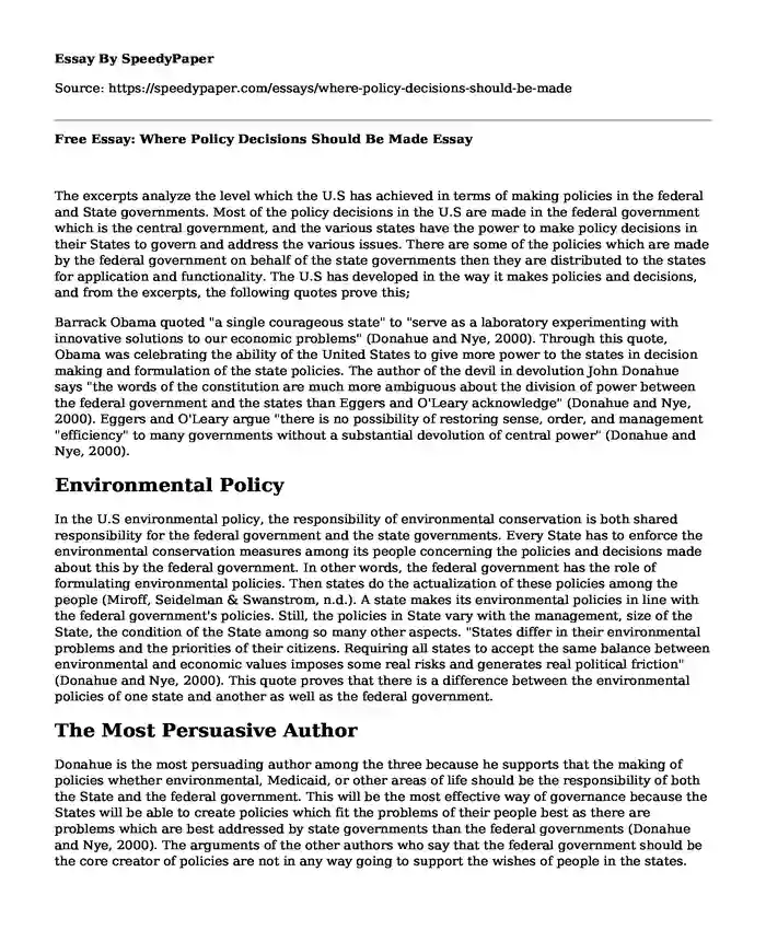 Free Essay: Where Policy Decisions Should Be Made