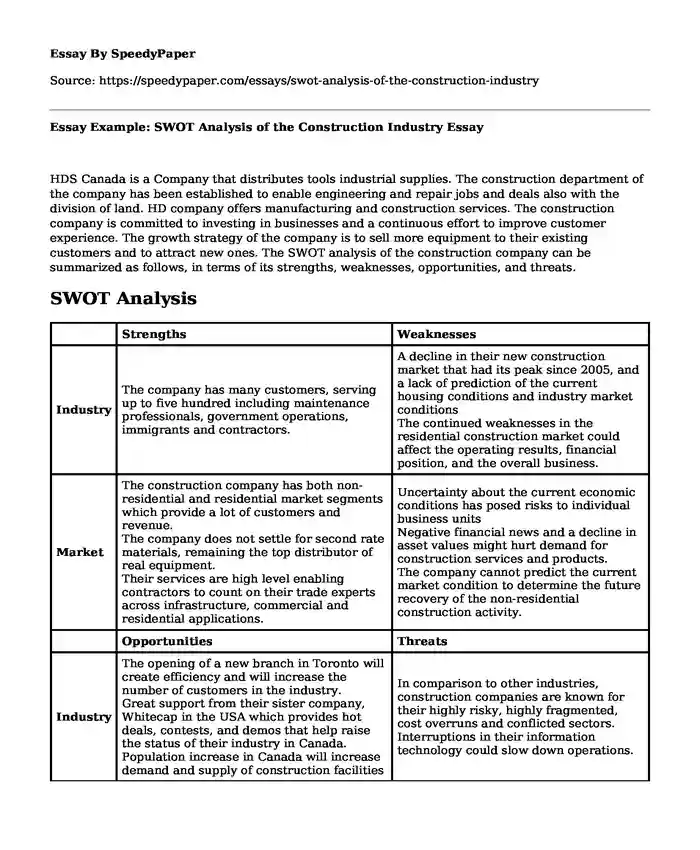 Essay Example: SWOT Analysis of the Construction Industry
