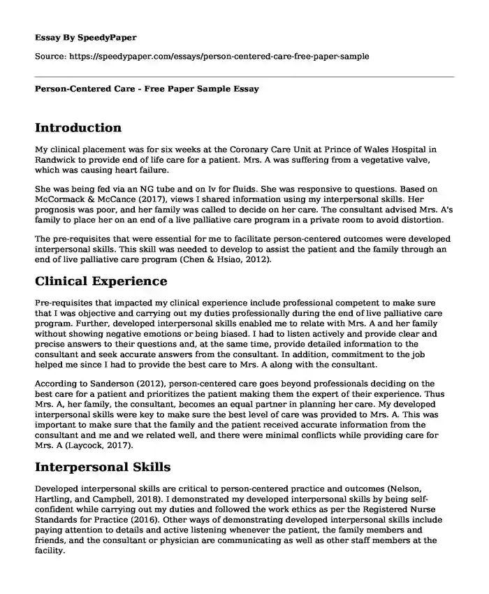 Person-Centered Care - Free Paper Sample