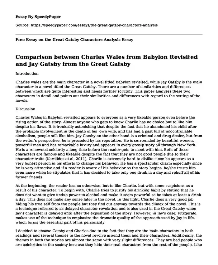 Free Essay on the Great Gatsby Characters Analysis