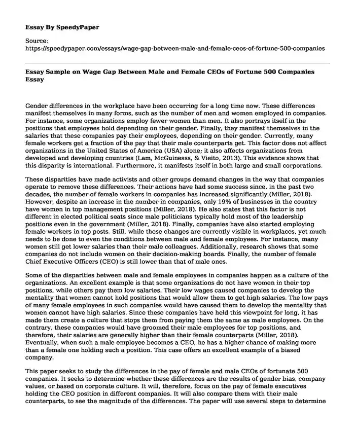 Essay Sample on Wage Gap Between Male and Female CEOs of Fortune 500 Companies