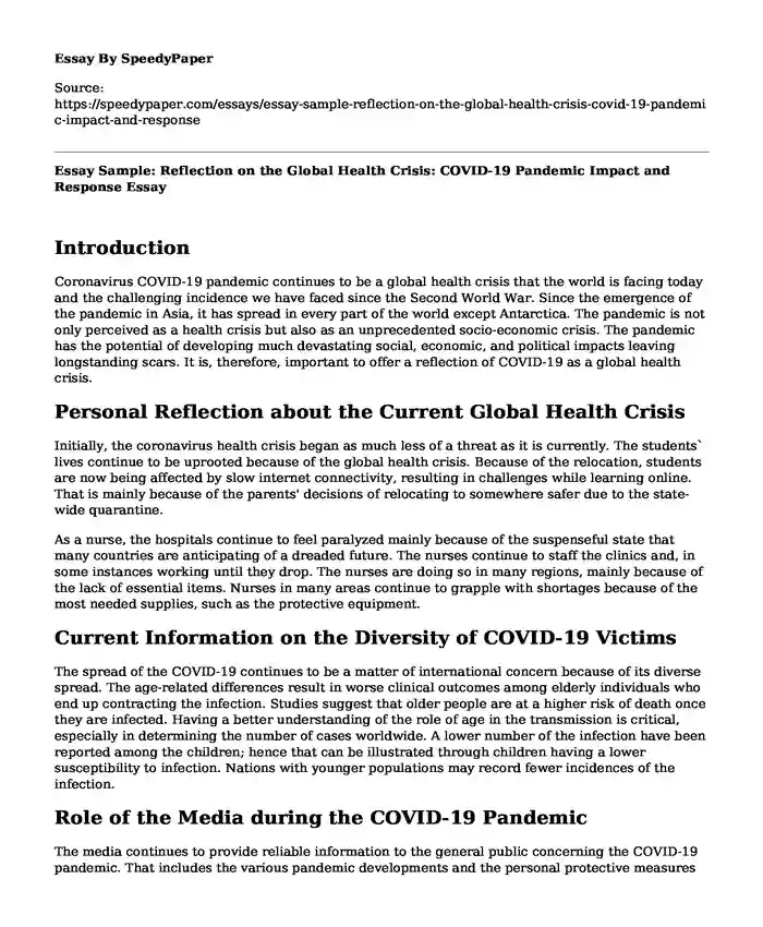 Essay Sample: Reflection on the Global Health Crisis: COVID-19 Pandemic Impact and Response