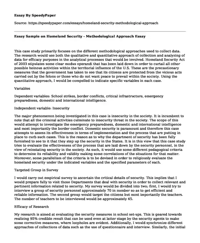 Essay Sample on Homeland Security - Methodological Approach