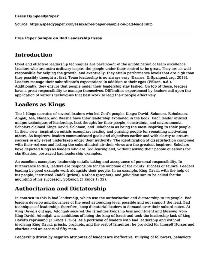 Free Paper Sample on Bad Leadership
