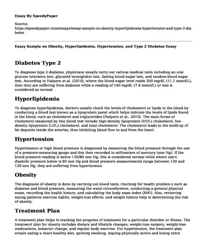 Essay Sample on Obesity, Hyperlipidemia, Hypertension, and Type 2 Diabetes