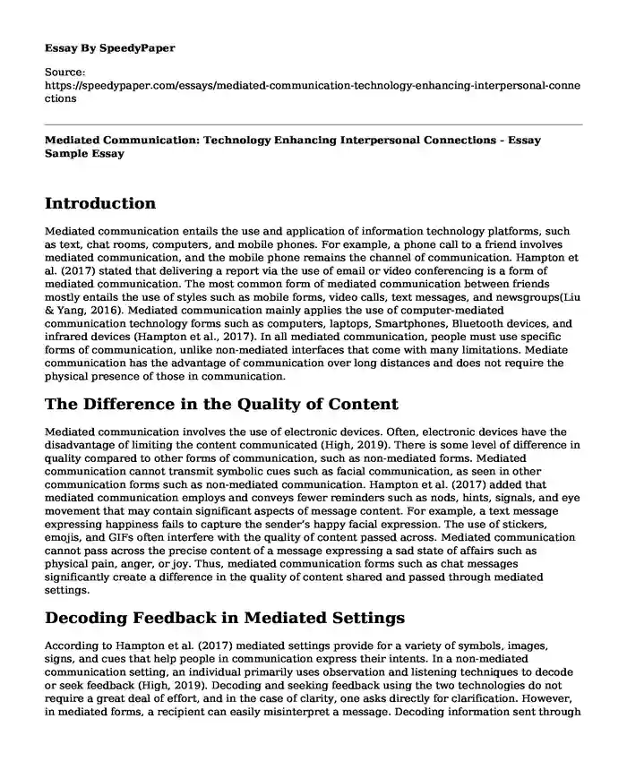 Mediated Communication: Technology Enhancing Interpersonal Connections - Essay Sample