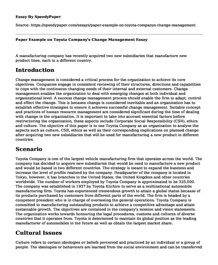 Paper Example on Toyota Company's Change Management