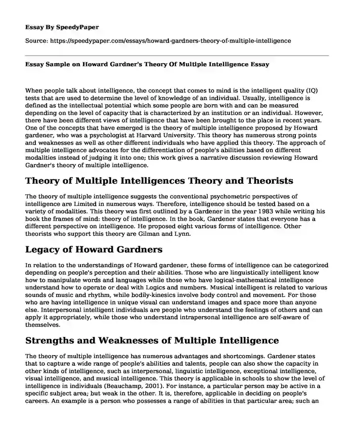 Essay Sample on Howard Gardner's Theory Of Multiple Intelligence