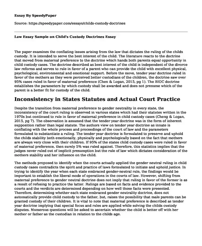 Law Essay Sample on Child's Custody Doctrines